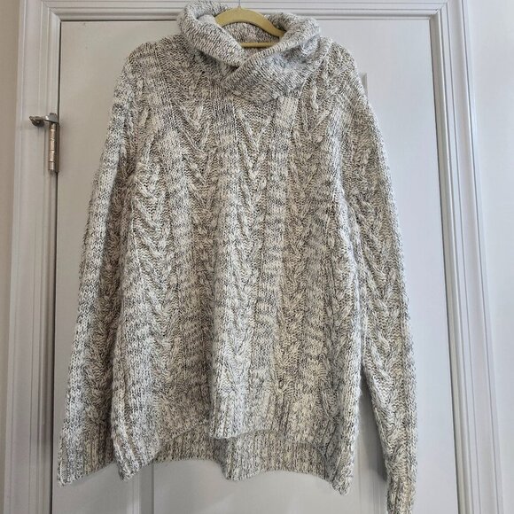 Express Other - Men's Express Cable Knit Ribbed Sleeve Shawl Collar Sweater - White with Black